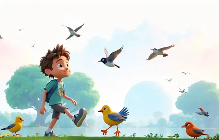 Cute Boy at Park Playing with Birds 3D Character Design Illustration image